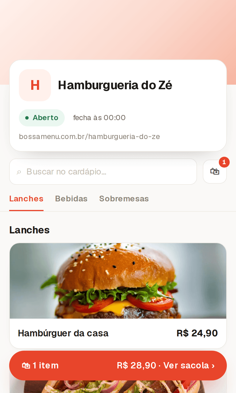 Cardápio da Hamburgueria do Zé no celular: loja aberta, categorias, produtos com preço e a sacola com um item